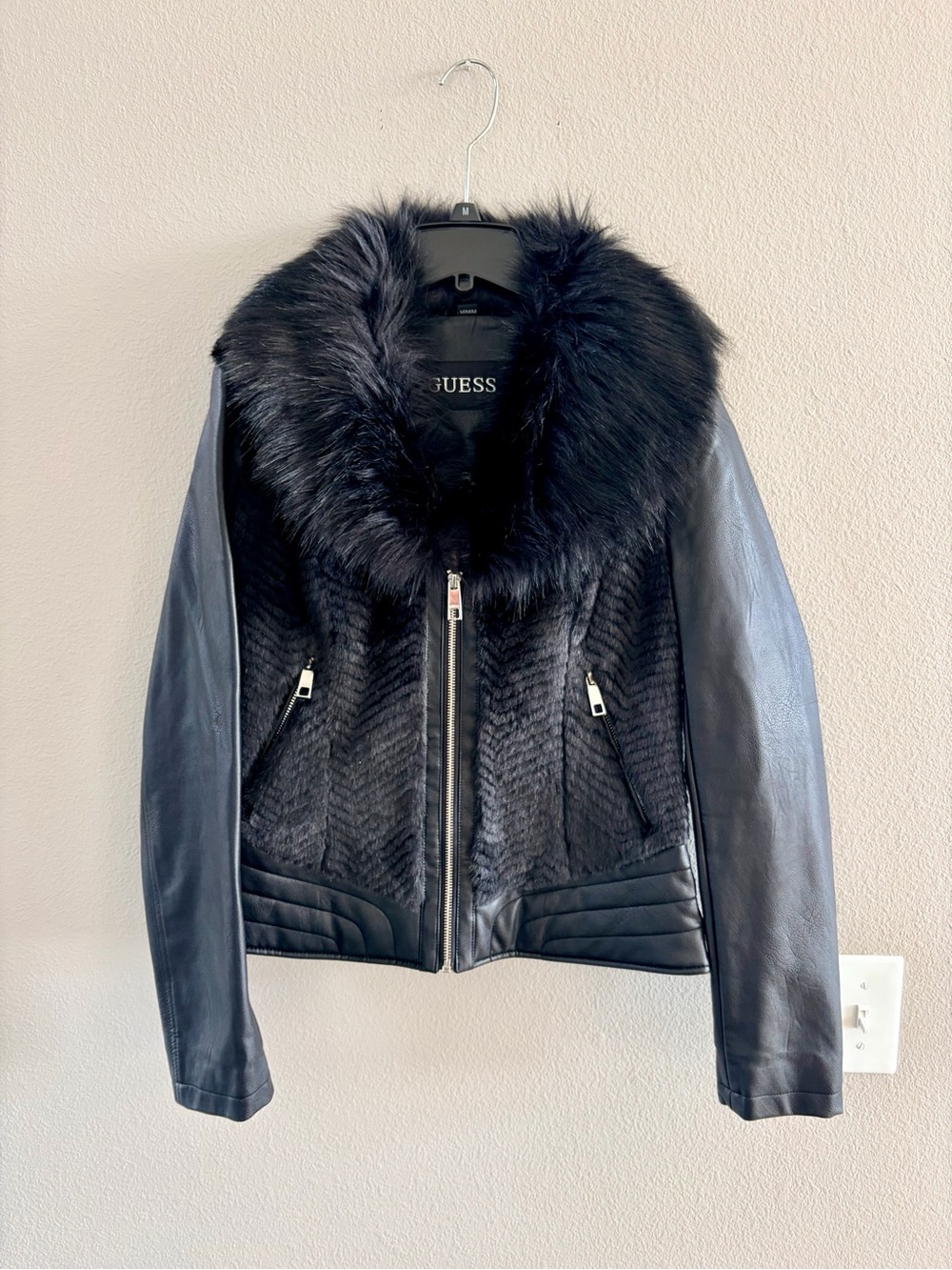 GUESS Black Faux Fur-Trim Leather Moto Jacket Medium